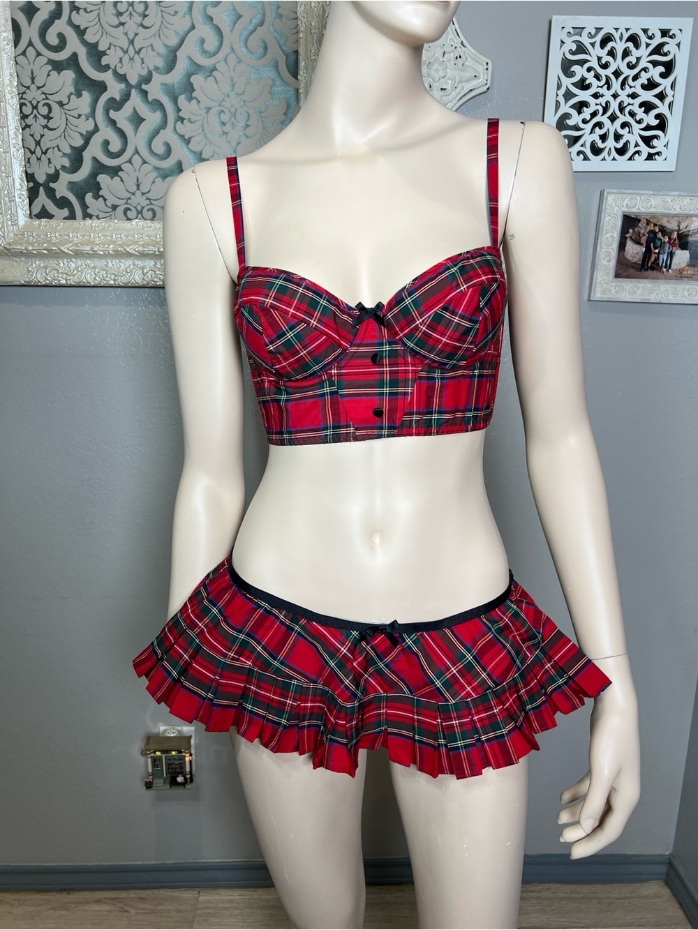 Frederick's of Hollywood Red Plaid Bustier Crop Top & Pleated Mini Skirt Set